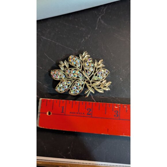 Gold-Tone Leaf Tree Brooch With Aurora Borealis Rhinestones Pin - Picture 6 of 6